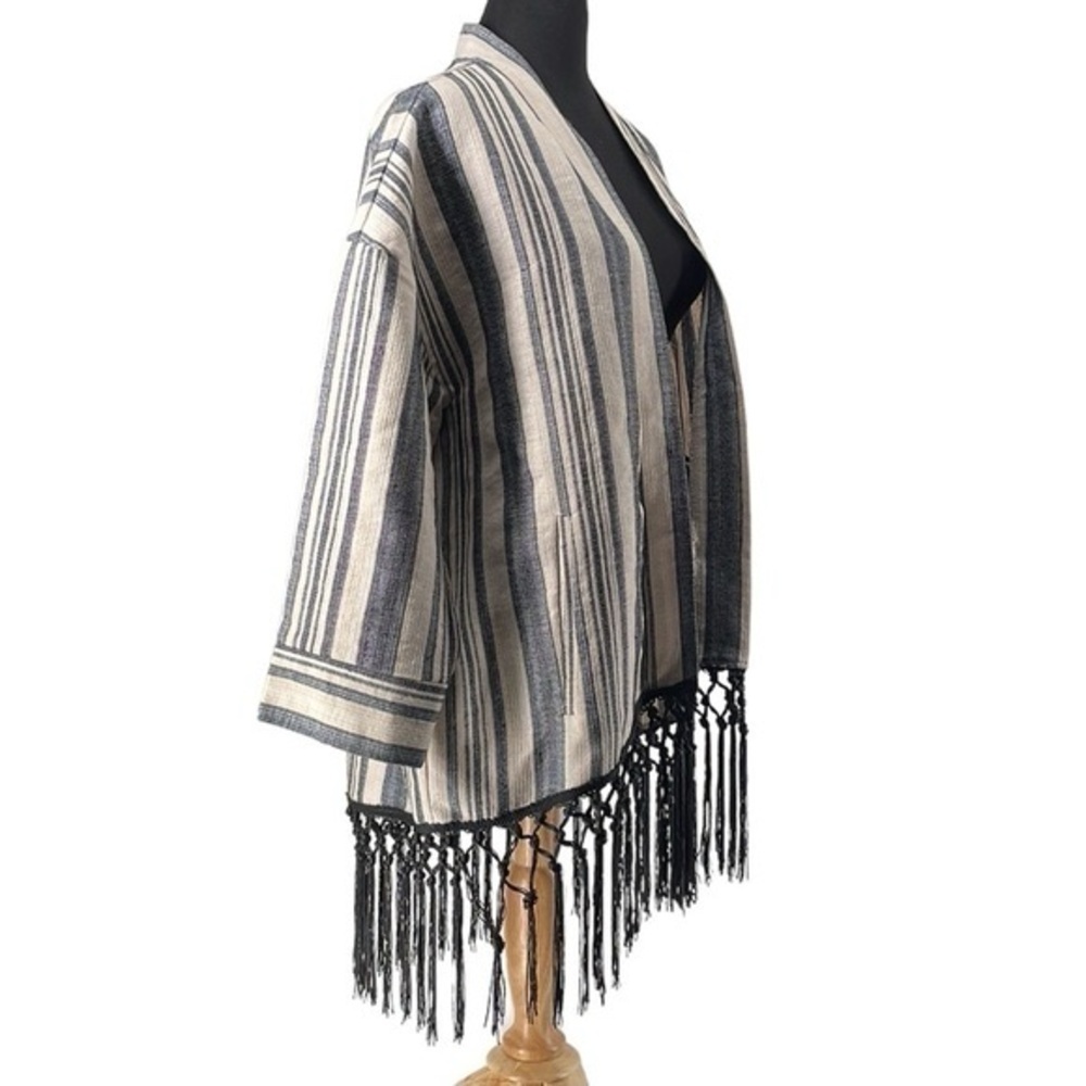 Zara Ecru Neutral Striped Boho 3/4 Sleeves Fringe Kimono festival Jacket sz sm - Picture 4 of 11